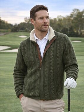 Carbon2Cobalt Olive Cable Knit Sherpa Collar Zip Cardigan Jacket Size L